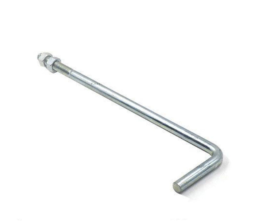 A Silver L-shaped foundation bolt with nut and washer