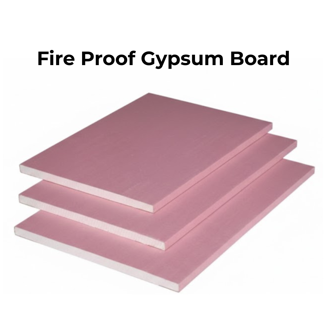 Fire-resistant gypsum board (FR) with pink surface for commercial and residential safety in Kuwait.