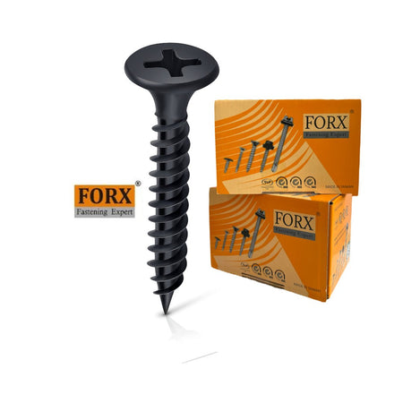 A black drywall screw next to two FORX Fastening Expert boxes.