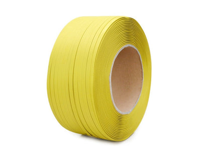 A large roll of yellow PP (polypropylene) strapping material